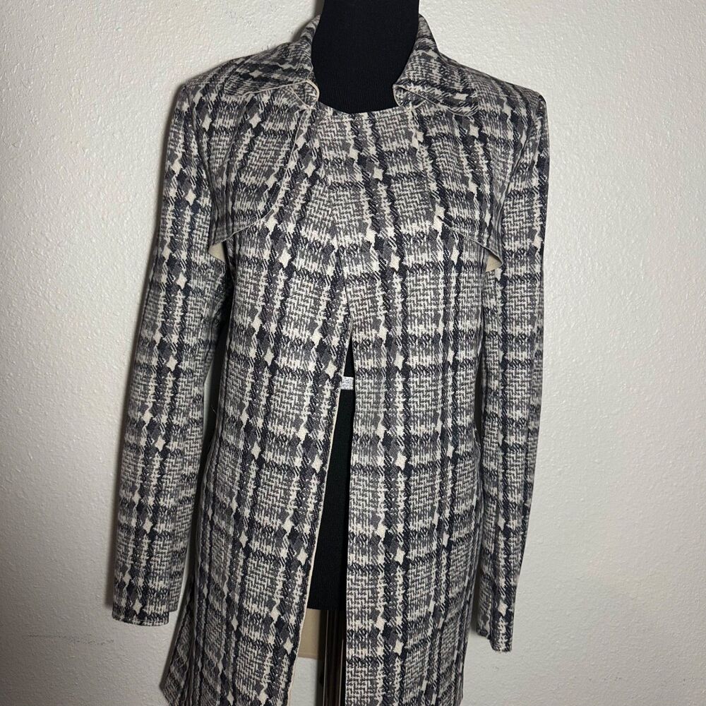 Solitaire Plaid Trench Coat Size M Tweed Knit Duster Long Jacket Belted Collared